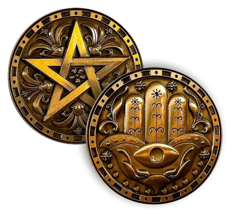 Mystical Power Coin, Hand of Hamsa front and pentagram back