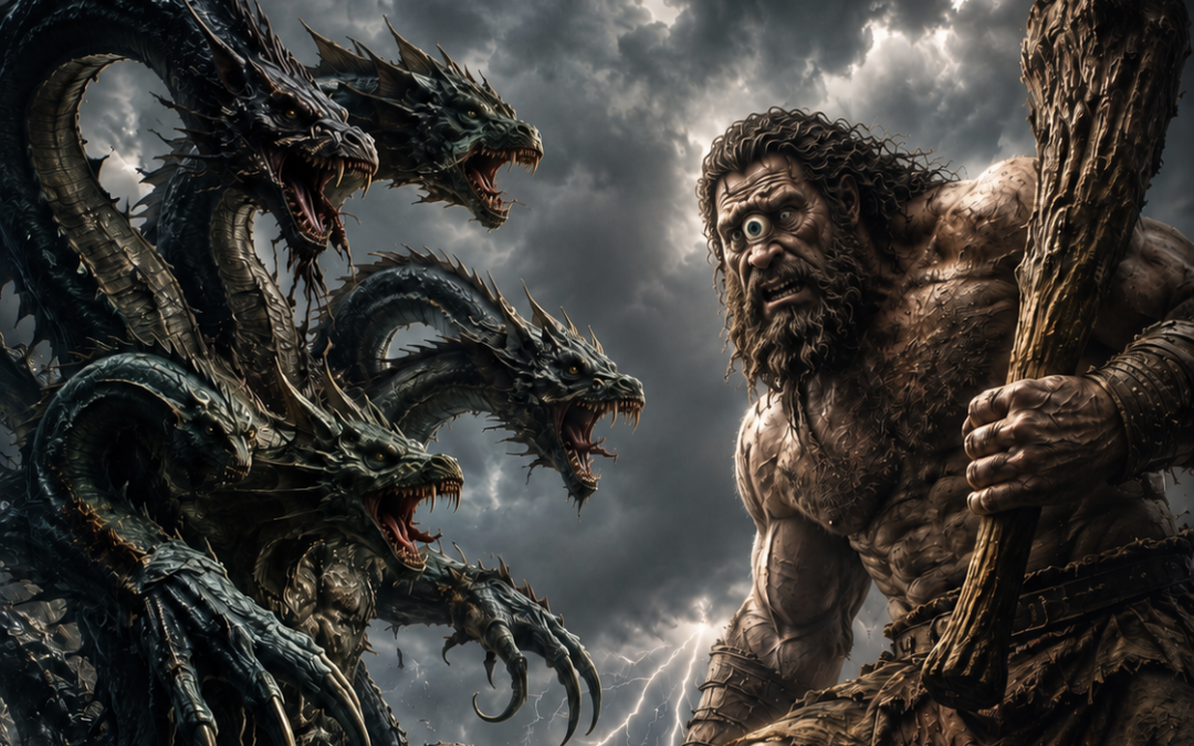 Scylla and the Cyclops Polyphemus facing off in a dramatic Mythic Mash inspired by The Odyssey
